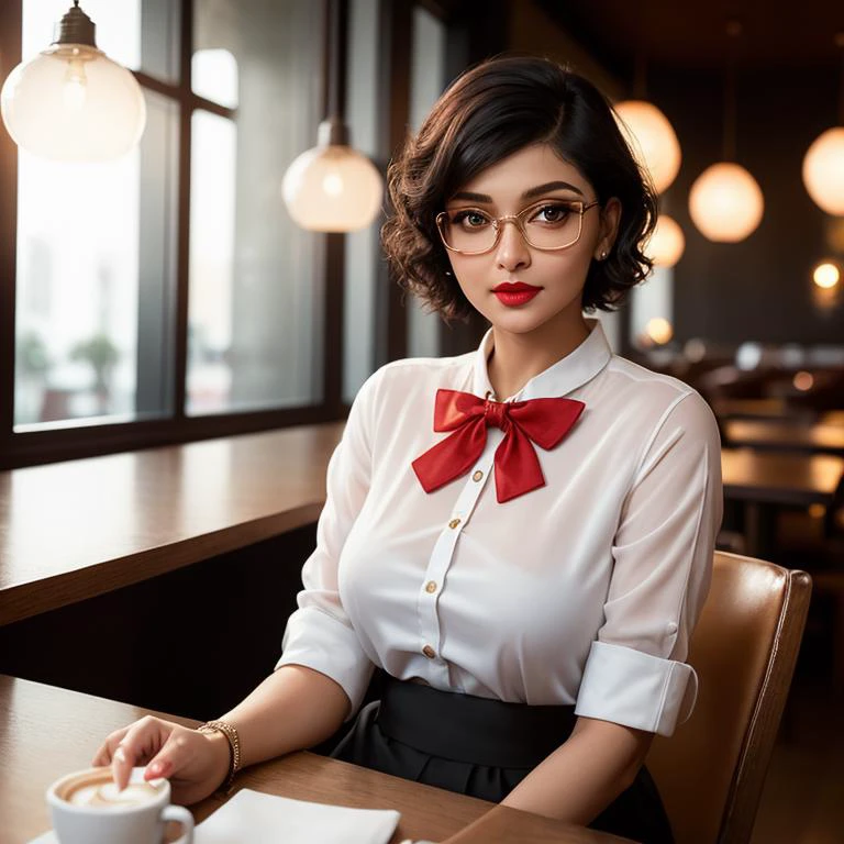 A young nerdy woman sitting in a café, white shirt, neck bow, short curly haircut, slender, red lips, transparent fabric, cozy atmosphere, warm light [[Mia Khalifa | Aishwarya Rai]:2]