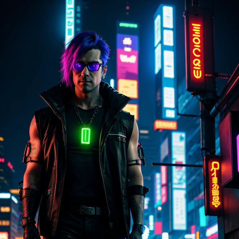 cyberpunk. a brutal man in glasses and a vest with neon lights, against the background of the city of the future