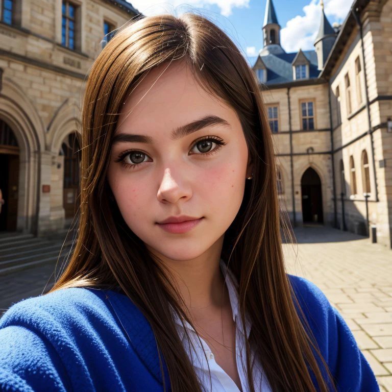 selfie, photorealistic. a girl face on the background of the town hall
