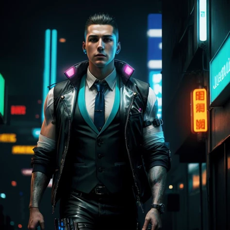 ((photorealism, extremely detailed)), ((correct anatomy)), high quality, sharp focus, atmospheric perspective. cyberpunk. a man in a vest with neon lights