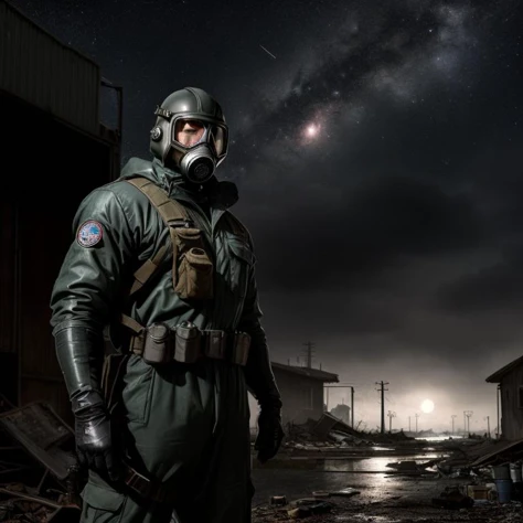 ((natural appearance, correct anatomy)), sharp focus, atmospheric perspective. photorealistic. (A muscular man in a gas mask and a mechanic protective suit), a post-apocalyptic world, destroyed houses, the night sky flooded with moonlight.