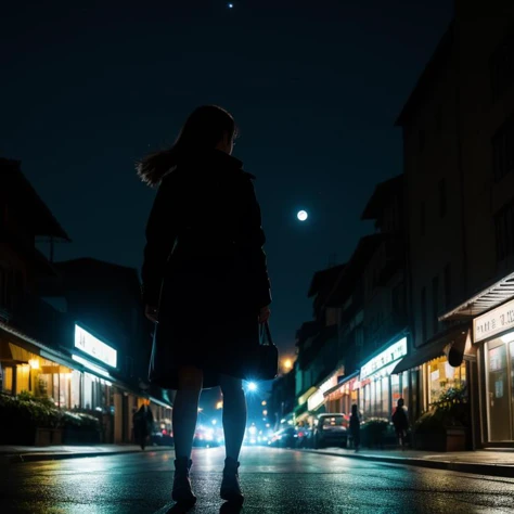 ((natural appearance, correct anatomy)), sharp focus, atmospheric perspective. A girl walks down a city street, the night moonlit sky