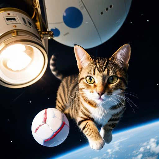 a cat is playing ball in space