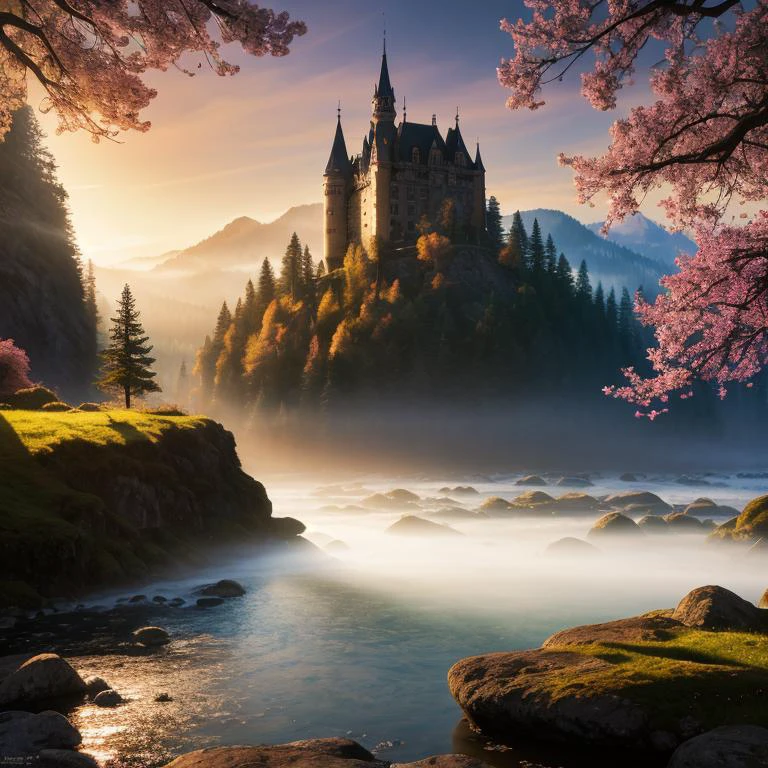 ((high details)), (natural appearance, correct anatomy), (professional photography, ultra sharpen image, HDR). atmospheric perspective. mysterious landscape, magical atmosphere, atmospheric fog, Elden Ring, colorful flower field, stone bridge over the river, forest, mountains, castle in the distance, (dark art style, realistic photography), breathtaking, clear lens, professional photography, 70mm lens, wallpaper, bright, soft light.