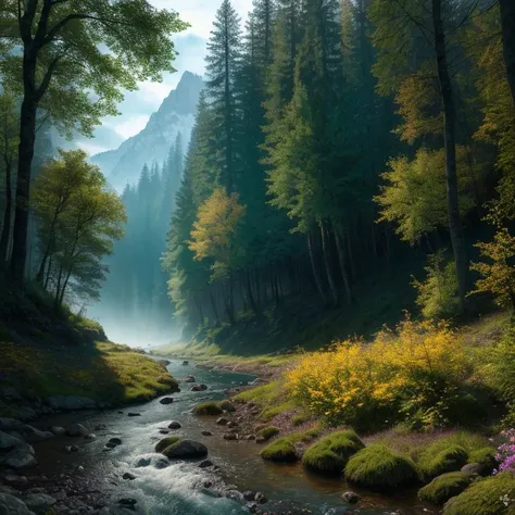 ((photorealism, high quality, high detailed)), ((natural appearance, correct anatomy)), (professional photography, ultra sharpen image, HDR). (dark arts style), a mysterious atmosphere, a magical landscape, a forest with a blooming field, a river, and mountains.