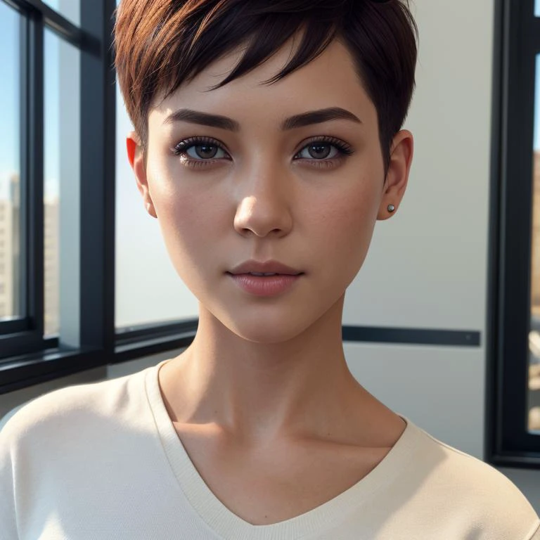 ((photorealism, high details)), (natural appearance, correct anatomy), (sharpen image, HDR). phone photo of woman with short hair in the office, uploaded on snapchat
