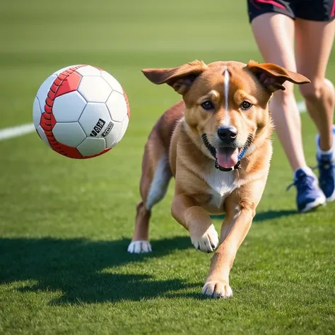 ((high details)), (natural appearance, correct anatomy), (professional photography, ultra sharpen image, HDR). A dog is playing ball on the field