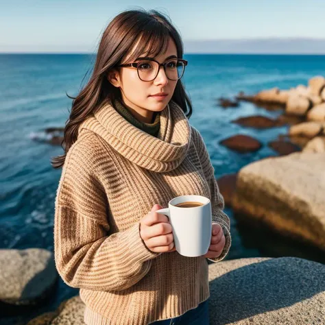 ((high details)), (natural appearance, correct anatomy), (professional photography, ultra sharpen image, HDR). Sharp focus, atmospheric perspective. a woman in glasses, sweater and scarf against the background of sea rocks. He holds a cup of coffee in his hands