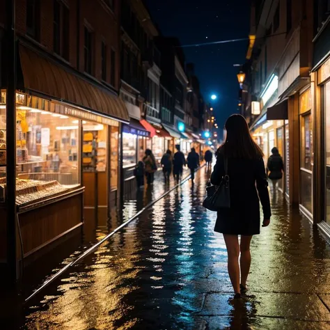 ((high details)), (natural appearance, correct anatomy), (professional photography, ultra sharpen image, HDR). Sharp focus, atmospheric perspective. A girl walks along the sidewalk of a city street, the night sky is flooded with moonlight, counters, storefronts, a crowd of pedestrians, passing cars.