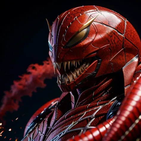 ((high details)), (natural appearance, correct anatomy), (professional photography, ultra sharpen image, HDR). a women in the venom AND carnage suit from Marvel into one entity, atmospheric perspective