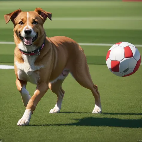 A dog is playing ball on the field, ((ultra photorealism, extremely detailed, high quality)), (correct anatomy), 85mm lense