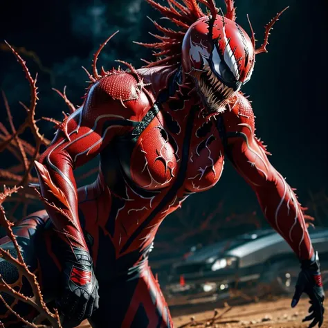 ((photorealism, extremely detailed)), ((natural appearance, correct anatomy)), (sharp focus, high quality). a women in the combining venom and carnage suit from Marvel into one entity, (venom AND carnage), atmospheric perspective