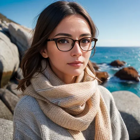 ((photorealism, extremely detailed)), ((natural appearance, correct anatomy)), (sharp focus, high quality). a woman in glasses, a sweater and a scarf on the background of sea rocks