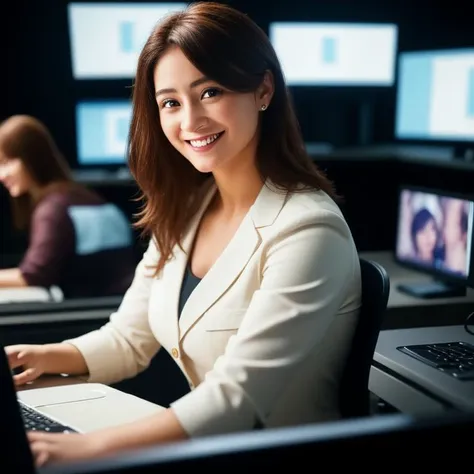 A female social worker having fun in a dark room surrounded by computer screens, poor quality photo, blurry, (smiling:0.5), ((ultra realistic, extremely detailed, high quality)), (correct anatomy), 85mm lense