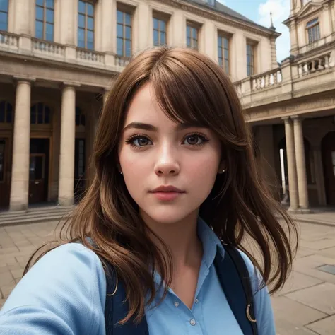 selfie. a girl face on the background of the town hall, ((photorealism, extremely detailed, atmospheric perspective:0.8)), (sharpen image, high quality, natural appearance, correct anatomy), 85mm lense