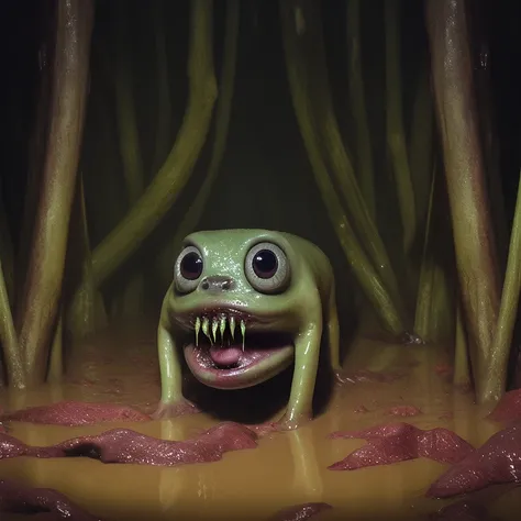 of a dark and muddy landscape with strange cute friendly creatures with huge eyes, mouth, long tongue and round teeth appearing from the wet mud, in the style of gehry, macro lens, shallow depth of field, highly detailed, digital painting, trending artstation, concept art, illustration, cinematic lighting, vibrant colors, photorealism, epic, octane render