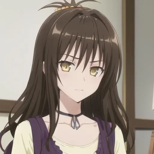 (masterpiece, best quality:1.2),illustration,8k,hd,1girl,solo,upper body,(portrait:1.2),brown hair,long hair,yellow eyes,choker,denim shorts,hair ornament,yuuki mikan,collarbone,<lora:Yuuki Mikan-V1:0.8>,
