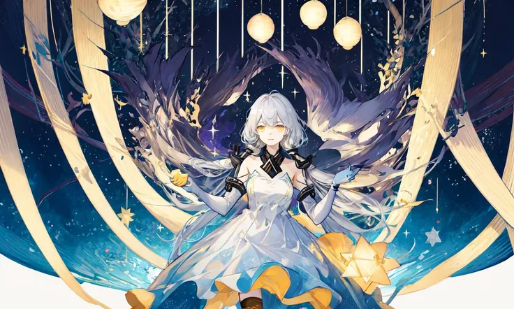 (((masterpiece))),(incredibly_absurdres),(best quality),(highres),(highly detailed),((CG unity 8k wallpaper)),(sketch),((an extremely delicate and beautiful girl)),(delicate face),(beautiful detailed eyes),(((low twintails))),  ([left|right] front horse tail),(Game CG, illustration, highest picture quality, masterpiece, high-definition: 2), best illumination,ultra-detailed, (((1girl))), solo,  (([silver|light blue|purple]hair)), standing posture, ((yellow sparkle eyes)),( beautiful detailed eyes), (bright pupils: 1.8),(an extremely delicate and beautiful girl),(an extremely delicate and beautiful face),(([deep blue|purple] long dress)),( yellow Hexagram in background), close-up of upper body, symmetry,full,(looking at viewer),bareshoulders,black thigh boots,(slender leg),systemic,overexposure,planet background,(deep blue starry skynight)