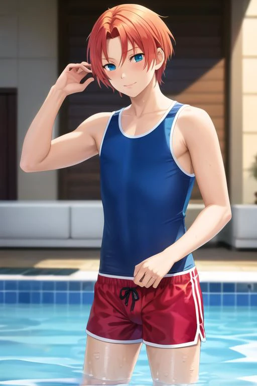 <lora:leo_tsukinaga:0.8>, mesterpice, bestquality, leo_tsukinaga, 1boy, 1boy, 8k, realistic, solo, character focus, singlet, swimming trunks