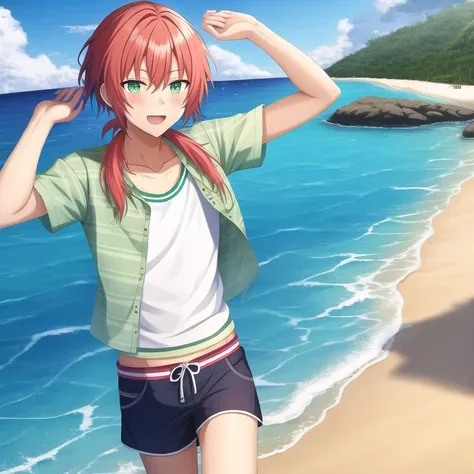 <lora:leo_tsukinaga:0.7>, mesterpice, bestquality, leo_tsukinaga, 1boy, 1boy, 8k, solo, tiki shirt, beach, swimming short,