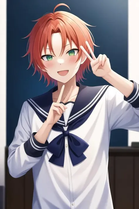 <lora:leo_tsukinaga:0.8>, mesterpice, bestquality, leo_tsukinaga, 1boy, 1boy, 8k, solo, (sailor_collar), (white_sailor_shirt), peace sign