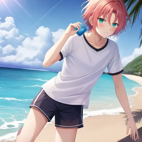 <lora:leo_tsukinaga:0.7>, mesterpice, bestquality, leo_tsukinaga, 1boy, 1boy, 8k, solo, tiki shirt, beach, swimming short, short hair