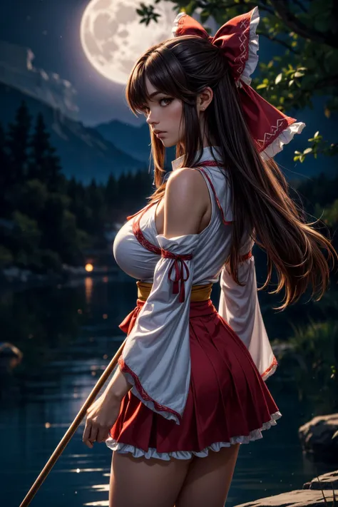 (ultra realistic,32k, masterpiece:1.2),(high detailed skin:1.1),( high quality:1.1),
<lora:reimuhakurei-lora-nochekaiser:1>reimu hakurei, brown eyes, brown hair, bow, hair bow, hair tubes, long hair, red bow, sidelocks,ascot, bare shoulders, detached sleeves, embellished costume, frills, japanese clothes, nontraditional miko, red skirt, sarashi, skirt, socks, white sleeves, white socks, wide sleeves, yellow ascot, zouri,,(looking at viewer, standing, side-view:1.1),, (huge breast,large breast,:1.1),<lora:add_detail:1>,
(backlight:1.1), moonshadow sanctuary, silvery moonlight, elusive creatures, ethereal refuge of shadows, blurry background,