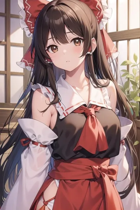 reimuhakurei, <lora:reimuhakurei-lora-nochekaiser:1>,
reimu hakurei, (brown eyes:1.5), brown hair, bow, hair bow, hair tubes, long hair, red bow, sidelocks,
BREAK ascot, bare shoulders, black footwear, detached sleeves, embellished costume, frills, japanese clothes, nontraditional miko, red skirt, sandals, sarashi, skirt, socks, white sleeves, white socks, wide sleeves, yellow ascot, zouri,
BREAK looking at viewer,
BREAK outdoors, shrine,
BREAK <lyco:GoodHands-beta2:1>, (masterpiece:1.2), best quality, high resolution, unity 8k wallpaper, (illustration:0.8), (beautiful detailed eyes:1.6), extremely detailed face, perfect lighting, extremely detailed CG, (perfect hands, perfect anatomy),