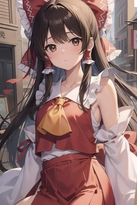 reimuhakurei, <lora:reimuhakurei-lora-nochekaiser:1>,
reimu hakurei, (brown eyes:1.5), brown hair, bow, hair bow, hair tubes, long hair, red bow, sidelocks,
BREAK ascot, bare shoulders, black footwear, detached sleeves, embellished costume, frills, japanese clothes, nontraditional miko, red skirt, sandals, sarashi, skirt, socks, white sleeves, white socks, wide sleeves, yellow ascot, zouri,
BREAK looking at viewer,
BREAK outdoors, shrine,
BREAK <lyco:GoodHands-beta2:1>, (masterpiece:1.2), best quality, high resolution, unity 8k wallpaper, (illustration:0.8), (beautiful detailed eyes:1.6), extremely detailed face, perfect lighting, extremely detailed CG, (perfect hands, perfect anatomy),