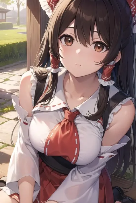 (Masterpiece), (Best quality), (Ultra detailed), Intricate details, Detailed beautiful face and eyes, Yuri Sakazaki, 1girll, Solo, Purple eyes, Brown hair, Long hair gathered in a braid, Red hair ribbon, Fingerless gloves, mitts, Pantyhose, pleated_Skirt, Torn pants, Short sleeves, NSFW, Fingers in the mouth, back facing the camera,Bare belly and thighs