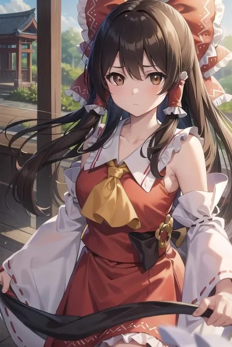 reimuhakurei, <lora:reimuhakurei-lora-nochekaiser:1>,
reimu hakurei, (brown eyes:1.5), brown hair, bow, hair bow, hair tubes, long hair, red bow, sidelocks,
BREAK ascot, bare shoulders, black footwear, detached sleeves, embellished costume, frills, japanese clothes, nontraditional miko, red skirt, sandals, sarashi, skirt, socks, white sleeves, white socks, wide sleeves, yellow ascot, zouri,
BREAK looking at viewer,
BREAK outdoors, shrine,
BREAK <lyco:GoodHands-beta2:1>, (masterpiece:1.2), best quality, high resolution, unity 8k wallpaper, (illustration:0.8), (beautiful detailed eyes:1.6), extremely detailed face, perfect lighting, extremely detailed CG, (perfect hands, perfect anatomy),
