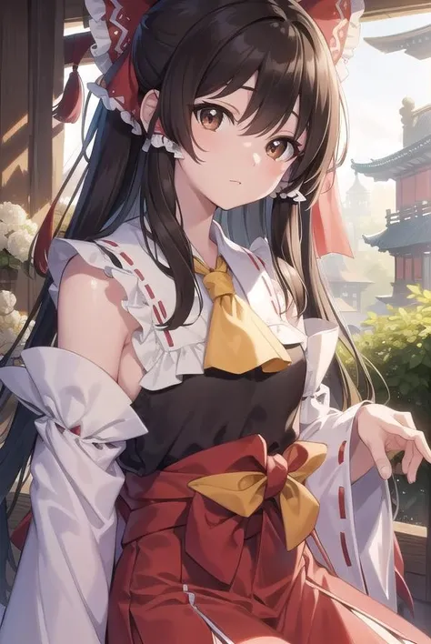 reimuhakurei, <lora:reimuhakurei-lora-nochekaiser:1>,
reimu hakurei, (brown eyes:1.5), brown hair, bow, hair bow, hair tubes, long hair, red bow, sidelocks,
BREAK ascot, bare shoulders, black footwear, detached sleeves, embellished costume, frills, japanese clothes, nontraditional miko, red skirt, sandals, sarashi, skirt, socks, white sleeves, white socks, wide sleeves, yellow ascot, zouri,
BREAK looking at viewer,
BREAK outdoors, shrine,
BREAK <lyco:GoodHands-beta2:1>, (masterpiece:1.2), best quality, high resolution, unity 8k wallpaper, (illustration:0.8), (beautiful detailed eyes:1.6), extremely detailed face, perfect lighting, extremely detailed CG, (perfect hands, perfect anatomy),
