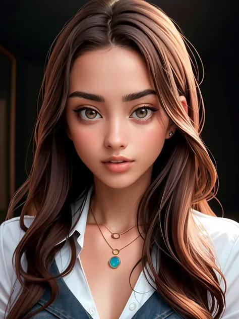 A woman with long brown hair and a white shirt - SeaArt AI