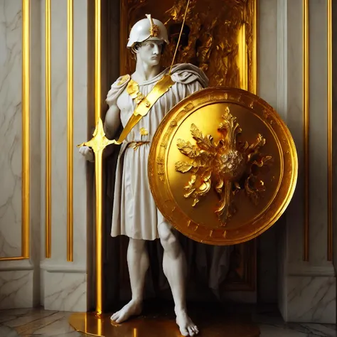 (masterpiece:1.2, best quality), Marblegold, (Muscular Roman Soldier, holding a golden halberd, golden shield), marble floor, perfect lighting, white marble room <lora:Marblegold-000009:1.0>