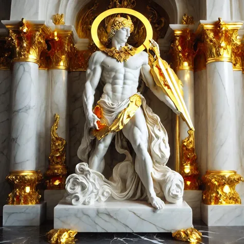 (marble statue of:1.2) (masterpiece:1.2, best quality), Marblegold, (Muscular man, , holding a golden halberd, golden halo:1.3), marble floor, perfect lighting, white marble room <lora:Marblegold-000009:1.0>