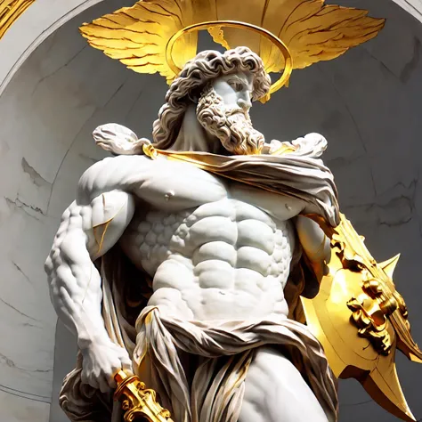 (marble statue of:1.2) (masterpiece:1.2, best quality), Marblegold, (Muscular man, nude, holding a golden halberd, golden halo:1.3), marble floor, perfect lighting, white marble room <lora:Marblegold-000009:1.0>