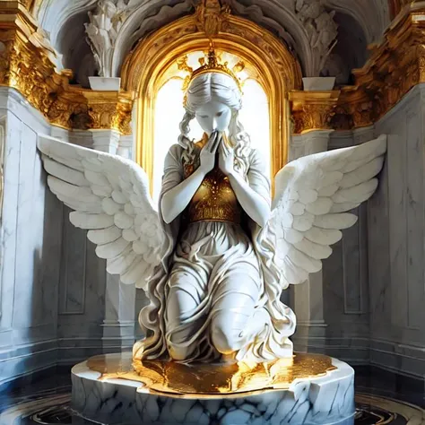 (masterpiece:1.2, best quality), Marblegold, marble sculpture of a woman, praying on a pool of liquid gold, large wings, marble floor, perfect lighting <lora:Marblegold-000009:1>