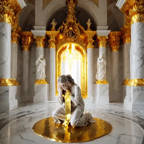 (masterpiece:1.2, best quality), Marblegold, (Woman, kneeling, praying, crying tears of liquid gold:1.3), marble floor, perfect lighting, white marble room <lora:Marblegold-000009:1.0>