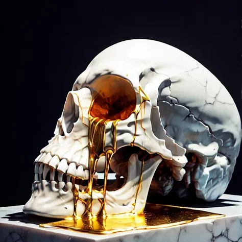 (masterpiece:1.2, best quality), Marblegold, skull with gold dripping from its eye sockets, black background  <lora:Marblegold-000009:1>