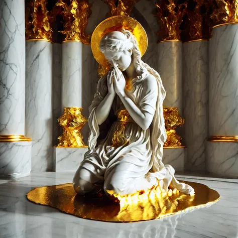 (marble statue of:1.2) (masterpiece:1.2, best quality), Marblegold, (Woman, kneeling, praying, crying tears of liquid gold:1.3), marble floor, perfect lighting, white marble room <lora:Marblegold-000009:1.0>