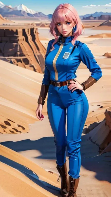 masterpiece, illustration, extreme detailed,
chubby, cute girl in blue jumpsuit, belt, brown footwear, boots,
outdoors, sand, wasteland,
cartoon style, anime style, detailed background <lora:Vault_Jumpsuit:0.8> <lora:impasto painting:0.8>