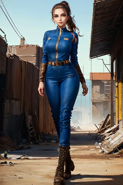 (masterpiece, best quality, ultra detailed, absurdres:1.5), 1girl, (sexy, beautiful woman, perfect face, perfect eyes, perfect female body:1.5), (blue jumpsuit, belt, brown footwear, boots, long hair, ponytail, <lora:Vault_Jumpsuit:0.75>), (standing, outdoors, wasteland), perfect lighting, smooth, hdr