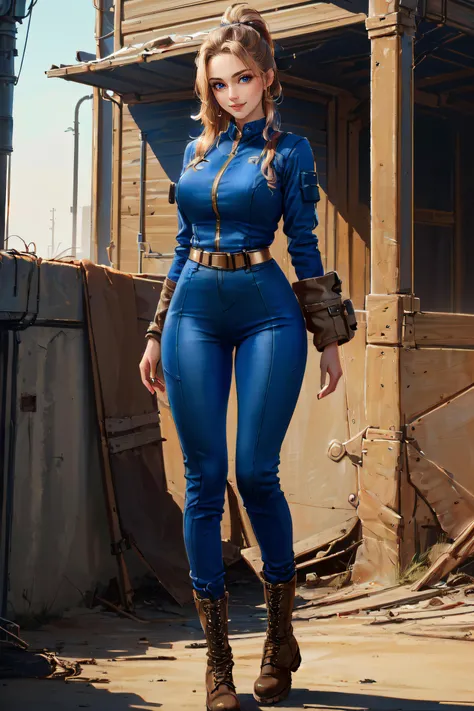 (masterpiece, best quality, ultra detailed, absurdres:1.5), 1girl, (sexy, beautiful woman, perfect face, perfect eyes, perfect female body:1.5), (blue jumpsuit, belt, brown footwear, boots, long hair, ponytail, <lora:Vault_Jumpsuit:0.75>), (standing, outdoors, wasteland), perfect lighting, smooth, hdr