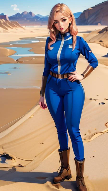 masterpiece, illustration, extreme detailed,
chubby, cute girl in blue jumpsuit, belt, brown footwear, boots,
outdoors, sand, wasteland,
cartoon style, anime style, detailed background <lora:Vault_Jumpsuit:0.8> <lora:impasto painting:0.8>
