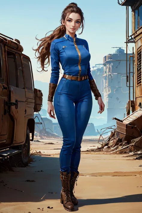 (masterpiece, best quality, ultra detailed, absurdres:1.5), 1girl, (sexy, beautiful woman, perfect face, perfect eyes, perfect female body:1.5), (blue jumpsuit, belt, brown footwear, boots, long hair, ponytail, <lora:Vault_Jumpsuit:0.75>), (standing, outdoors, wasteland), perfect lighting, smooth, hdr