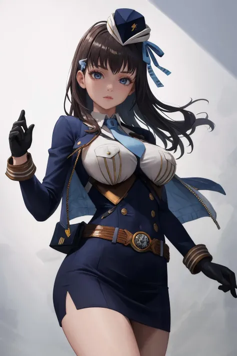 masterpiece, best quality, 1girl, solo, standing <lora:marian-nikke-richy-v1:1> marian, shirt, necktie, hat, hair ribbon, gloves, belt, skirt,
