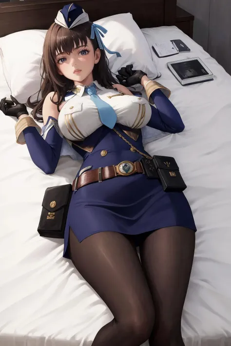 masterpiece, best quality, 1girl, solo, on back, <lora:marian-nikke-richy-v1:1> marian, shirt, necktie, hat, hair ribbon, gloves, belt, skirt, detached sleeves, pantyhose, bed, pouch