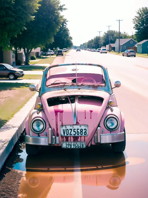 Weird Cars Concept, american style boat car, minnesota license plate, a small pink and silver car parked on the side of the road, extreme light and shadow, post apocalyptic, insane detail, absurdres, knives on the wheels, splatter spray painted detail, rusted, old, extreme light and shadow, Drag queen standing by the hood, kawaii, realistic, <lora:Euro_carsSDXL:1>