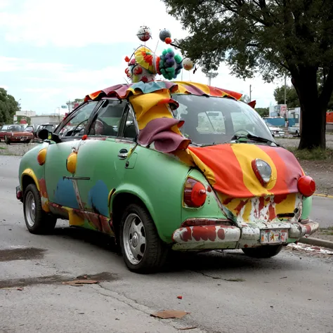 Weird Cars Concept, zombie, (clown car:1.3), bodies on the ground, ((dead bodies inside)), doors open, blood, blood on the floor, eerie night, dim light, <lora:Cars:0.65>