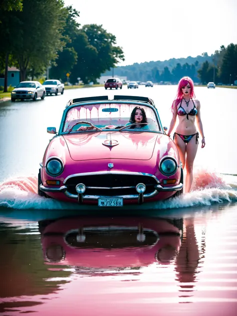 Weird Cars Concept, american style boat car, minnesota license plate, a small pink and silver car parked on the side of the road, extreme light and shadow, post apocalyptic, insane detail, absurdres, knives on the wheels, splatter spray painted detail, rusted, old, thunderstorm, water flooded, flooding, people surfing waves, extreme light and shadow, large breasted lady floating in the water near the car, Drag queen standing by the hood, hurricane, horror story <lora:Euro_carsSDXL:1>